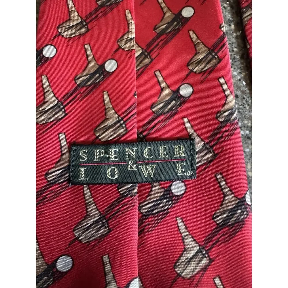 Vintage Spencer & Lowe Golf Club Golf Ball Novelty Tie Red 100% Silk Made USA